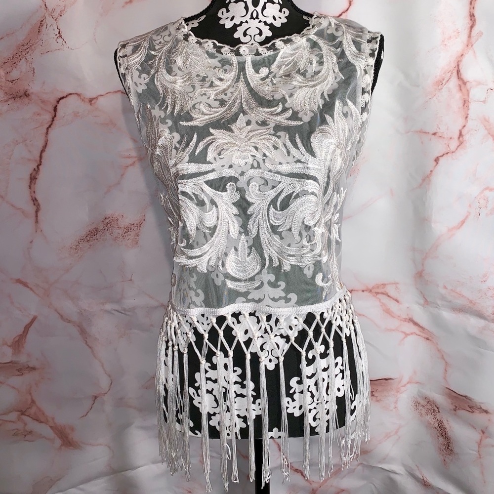 Bebe white embroidered sheer fringe top